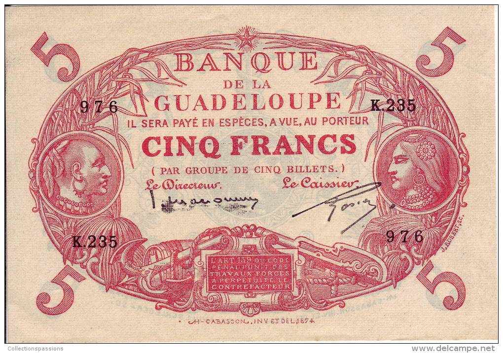 BANQUE DE LA GUADELOUPE - 5 Francs Cabasson - - Autres & Non Classés