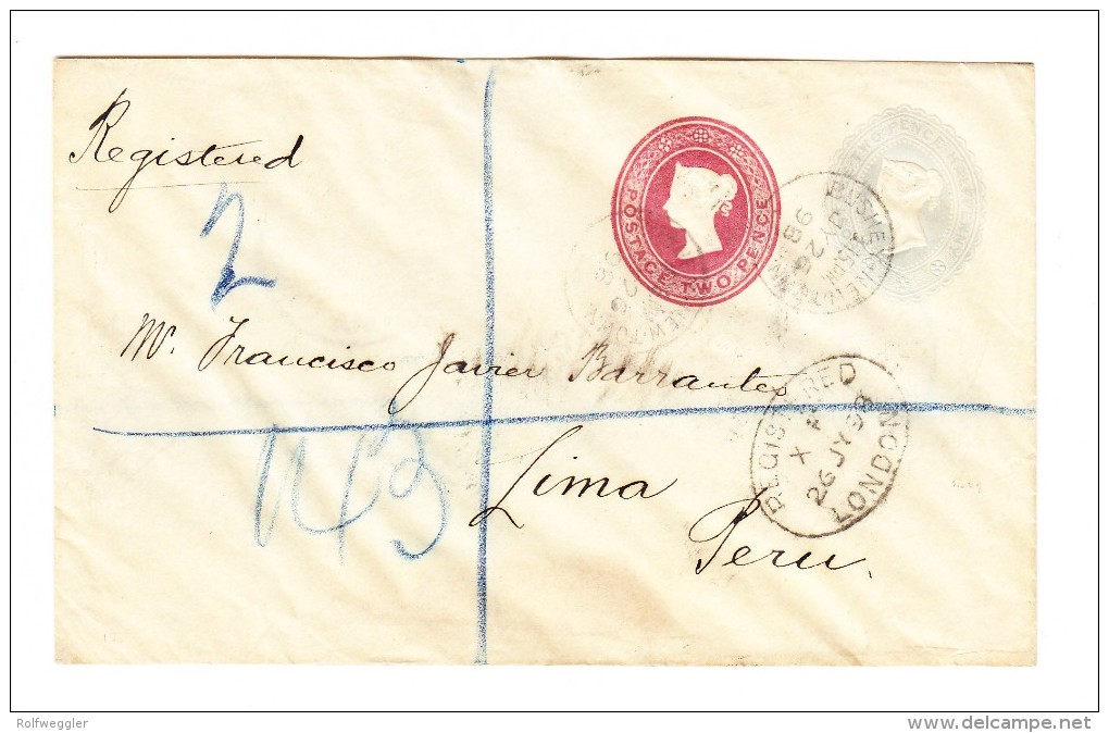 R-Ganzsache Mit 2 Und 21/2 Pence Von London 26.7.1898 Nach Lima Peru Mit AK-Stempel - Brieven En Documenten