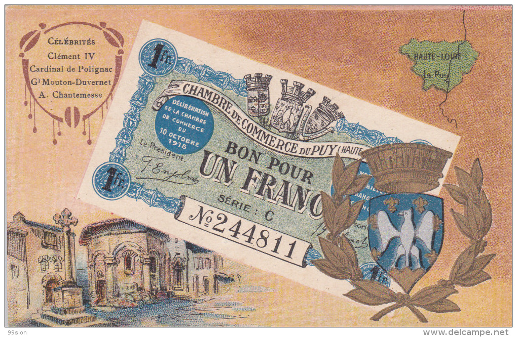 Carte Postale Représentant Un Billet De Nécessité De La Chambre De Commerce Du Puy (Haute-Loire) - Monedas (representaciones)