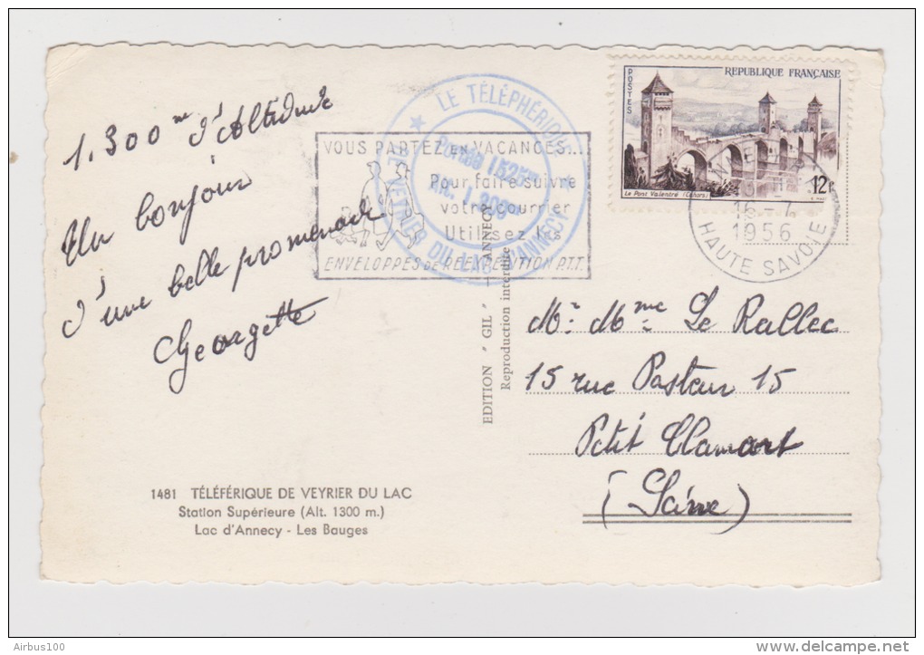 74 - TÉLÉPHÉRIQUE De VEYRIER Du LAC - Flamme 1956 + Cachet Téléphérique - Édition GIL N° 1481 - 2 Scans - - Veyrier