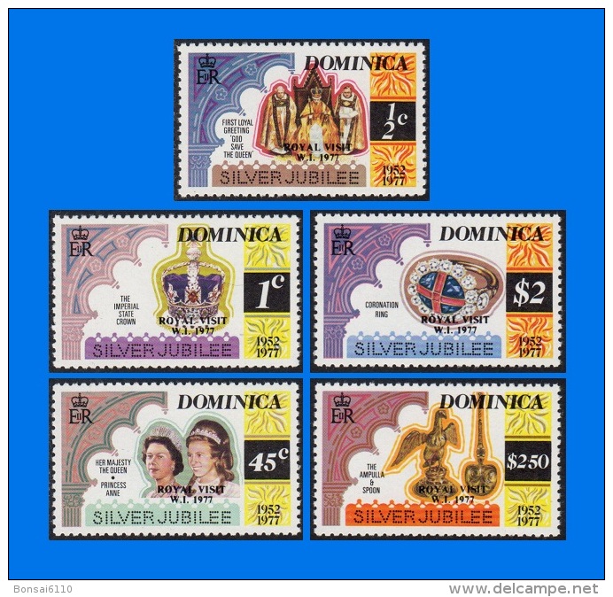 DM 1977-0001, Royal Visit, Set (5V) MNH - Dominique (...-1978)