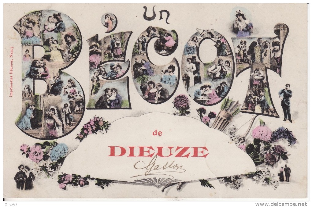 DIEUZE-DUSS (Moselle) Un Bécot De DIEUZE - Carte Fantaisie - Avec Eventaille-Fleur-Personnage  -VOIR 2 SCANS - - Dieuze