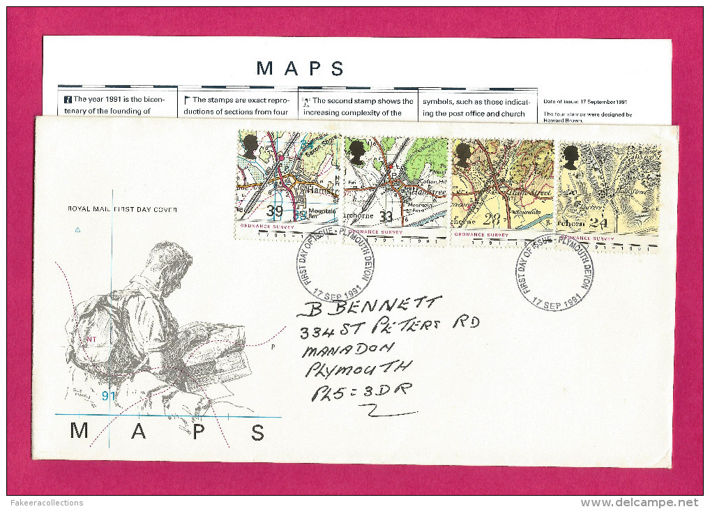 GB GREAT BRITAIN 1991 Grande Bretagne - MAPS - 4v FDC With Brochure - Map , Ordnance Survey, Kent - As Scan - Ohne Zuordnung