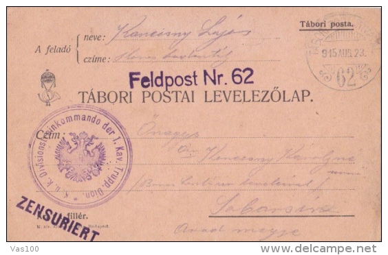 MILITARY POSTCARD, DOUBLE CENSURED IN AUSTRIA AND HUNGARY,1915, - Lettres & Documents