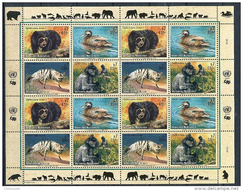 Nations Unies - Vienne** N° 342 à 345 En Feuille - Espèces Animales Menacées : Ours, Canard, Protèle, Semnopithèque (IX) - Blocs-feuillets