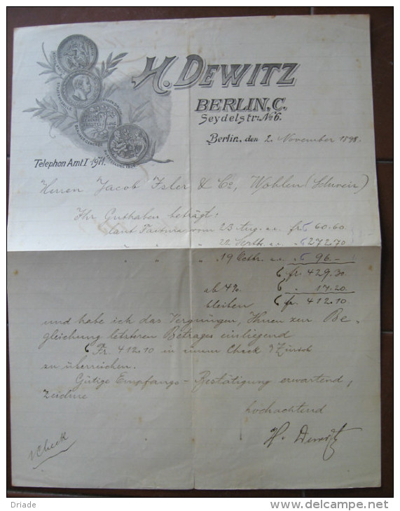 FATTURA H. DEWITZ BERLIN ANNO 1898 - Old Professions