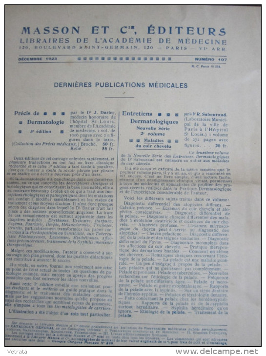 Catalogue 4 Pages Masson & Cie, Éditeurs : Dernières Publications Médicales. 1923 - Medicina & Salud