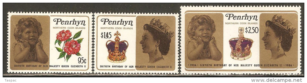 Penrhyn 1986 Mi# 442-444 ** MNH - Elizabeth II, 60th Birthday - Penrhyn