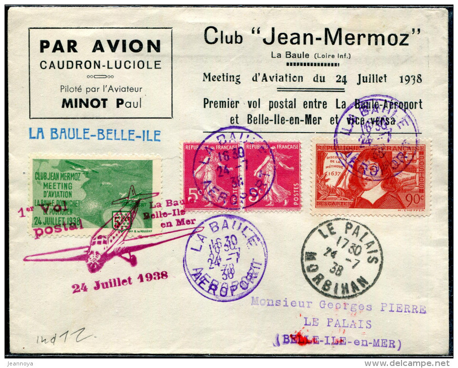 FRANCE - N° 278B (2) + 342 + VIGNETTE / LETTRE COMMEMORATIVE DE LA BAULE LE 24/7/1938, 1er VOL LA BAULE BELLE ILE - SUP - Premiers Vols