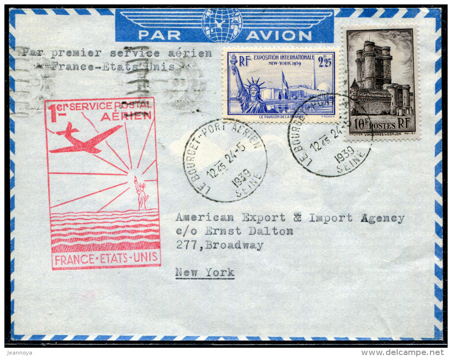 FRANCE - N° 393 + 426 / LETTRE DU BOURGET LE 24/5/1939, POUR NEW YORK, 1er VOL MARSEILLE NEW YORK, MULLER N° 451 - TB - Primeros Vuelos