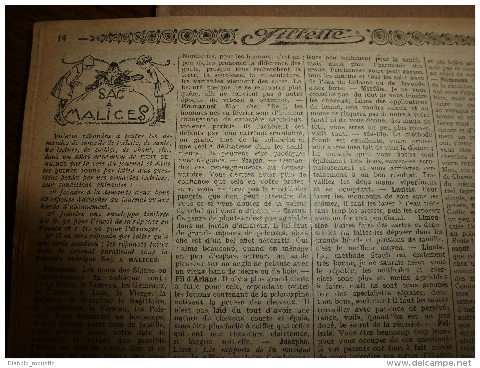 1932  Journal  "FILLETTE"  Histoires à suivre et aussi ponctuelles: LE PIGEON DE LILI PAPILLON DE LA FONTAINE MEDICIS.