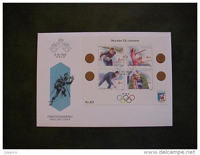 WINTER OLYMPIC GOLD MEDALS NORWAY NORGE NORWEGEN NORVÈGE 1990 MI BL 14 FIGURE SPEED SKATING HENIE - FDC - Invierno 1994: Lillehammer