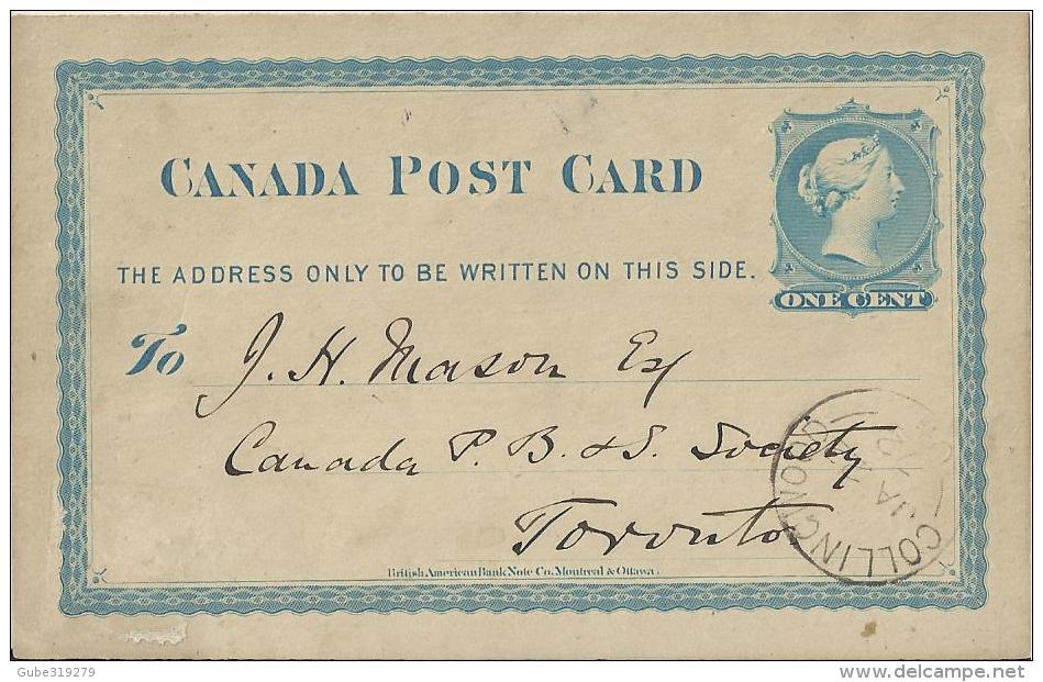 CANADA 1872  –PRE-STAMPED  POSTAL CARD OF ONE CENT    MAILED FROM COLLINGWOOD  TO TORONTO  POSTM COLLINGWOOD JAN 22,1872 - 1860-1899 Victoria