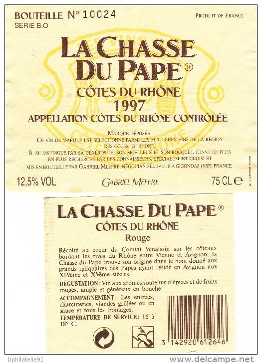 Etiquette De Vin Bouteille N°10024 - LA CHASSE DU PAPE 1997 - Gabriel MEFFRE Négociant - Côtes Du Rhône