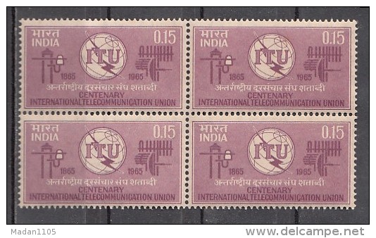 INDIA, 1965,  International Telecommunication  Union, Telecom , ITU Embelem And Symbols, Block Of 4, MNH, (**) - Ongebruikt