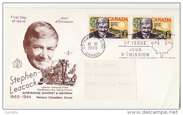 Canada Stephen Leacock FDC 1969. - Enveloppes Commémoratives