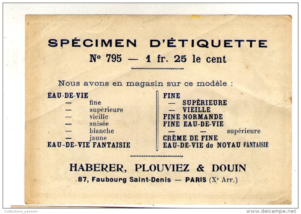 Spécimen D'étiquette , N° 795 , Haberer , Plouviez & Douin , FINE EAU DE VIE Supérieure, 2 Scans - Autres & Non Classés