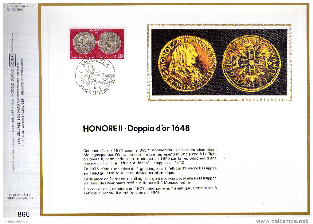 Feuillet Tirage Limité CEF 133 Soie Honoré II Monnaie Pièce Doppia D´or 1648 Monaco - Briefe U. Dokumente