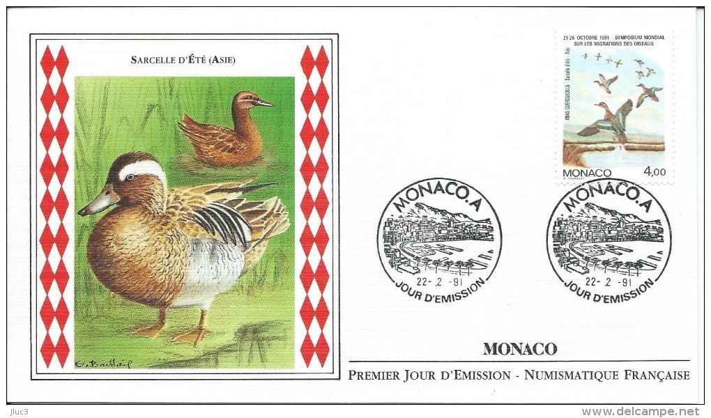 ZMonFDC11 - MONACO 1991 - L' Enveloppe  FDC  'PREMIER JOUR' Du 22-2-91 - Timbre N° 1756  - FAUNE : Sarcelle D'été (ASIE) - Lettres & Documents