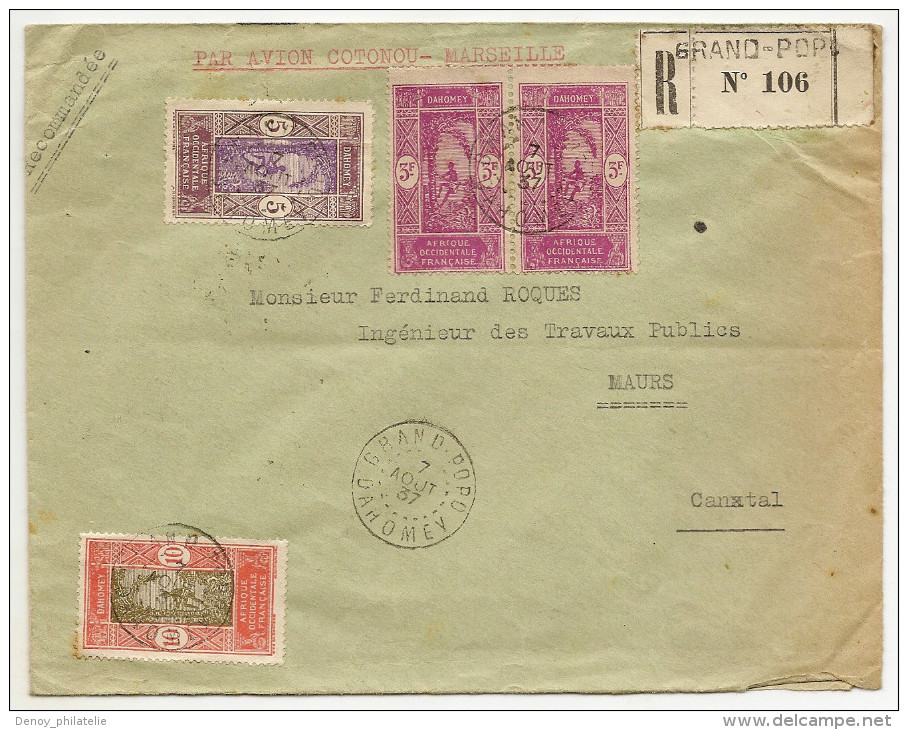 Lettre Recomandée De Grand POPO Par Avion Cotonou Marseille  Du 7 08 1937 Pour Le Cantal - Covers & Documents