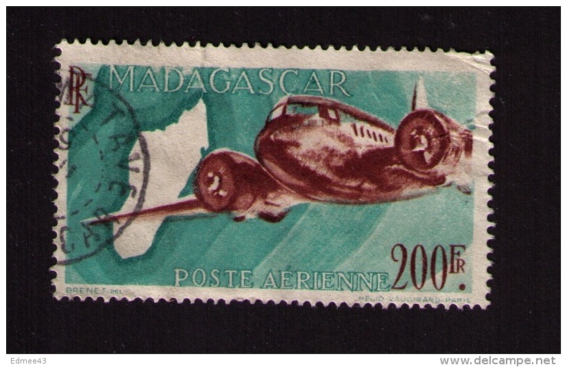 Timbre Oblitéré Madagascar, Poste Aérienne, Avion Décollant De Madagascar, 200 F, 1946, Brenet - Poste Aérienne