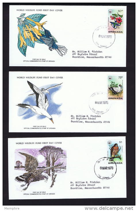 1978   Birds Series: Hummingbird, Booby, Hawk   WWF FDCs With Inserts - Grenada (1974-...)