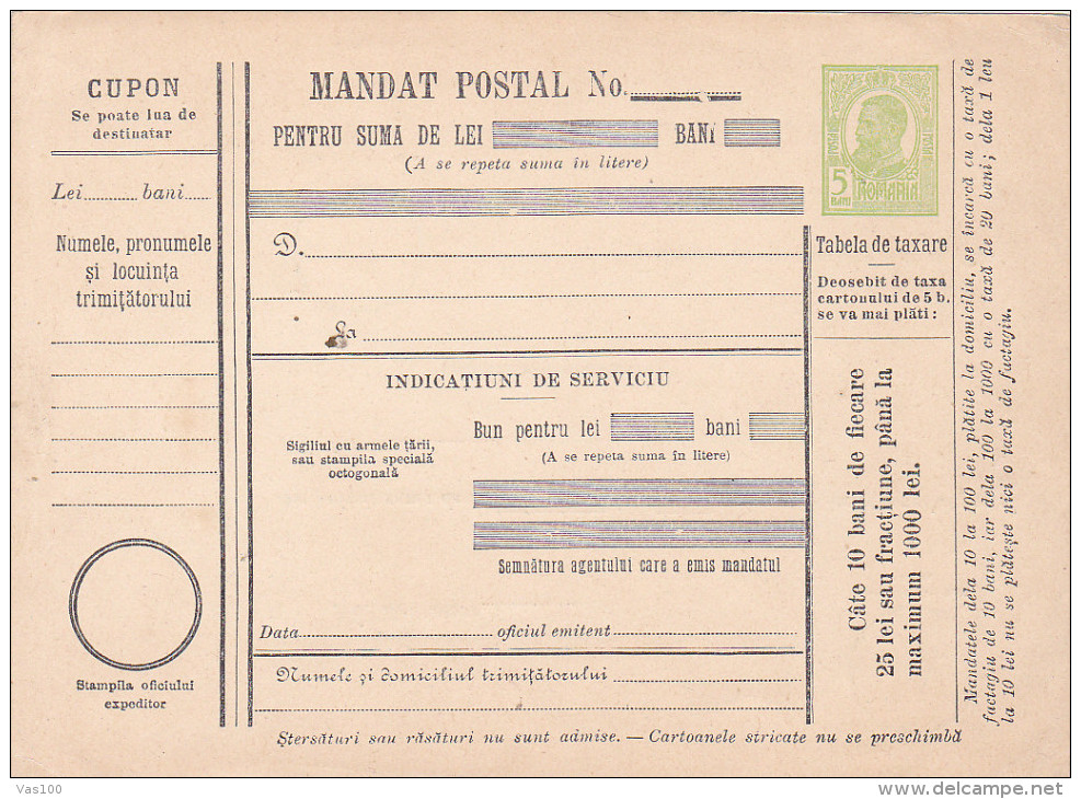 190? BULETIN D´EXPEDITION MANDATE POSTALE INTERNATIONALE,IMPRINTED POSTAGE 5 BANI,CAROL.(A1) - Paquetes Postales