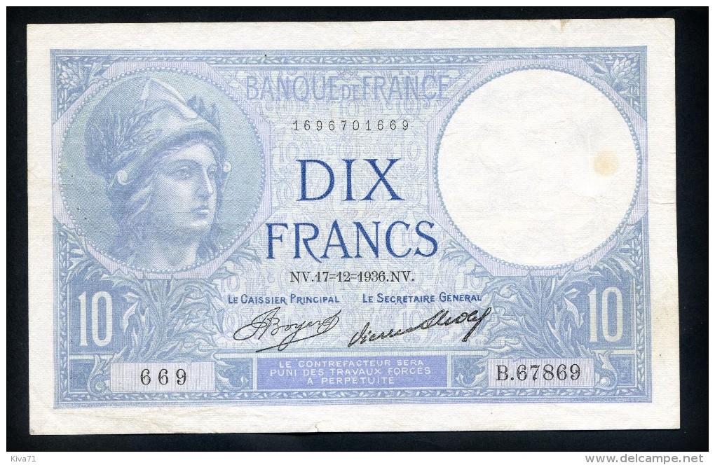 **date**10 FRANCS  "Minerve"  Du 17  12  1936            TTB - 10 F 1916-1942 ''Minerve''