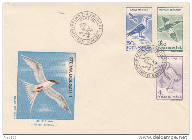 BIRDS, ROSEATE TERN, MARINE BIRDS, COVER FDC, 1991, ROMANIA - Albatros