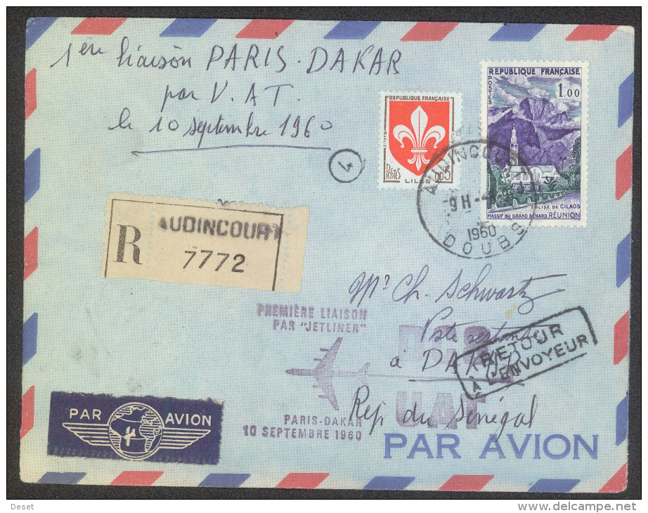 Paris Dakar 1960 First Flight Registered Cover By Jetliner UAT - Primeros Vuelos