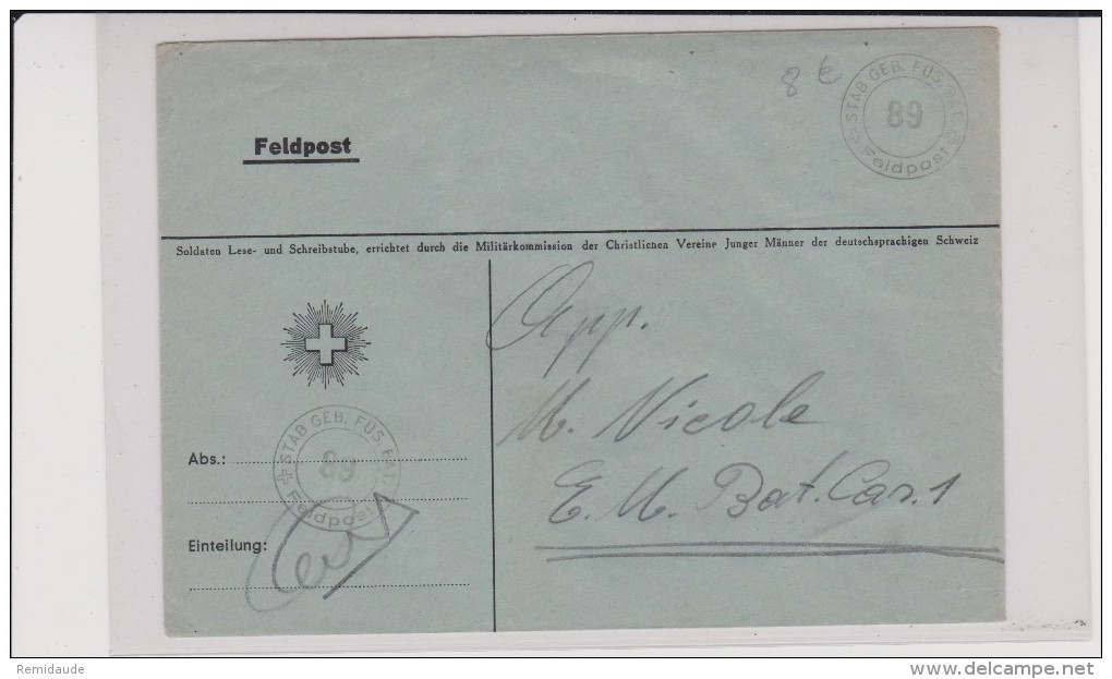 ENVELOPPE MILITAIRE SUISSE  - STAB GEB. FUS.BAT. 89 - POSTE DE CAMPAGNE - Documents