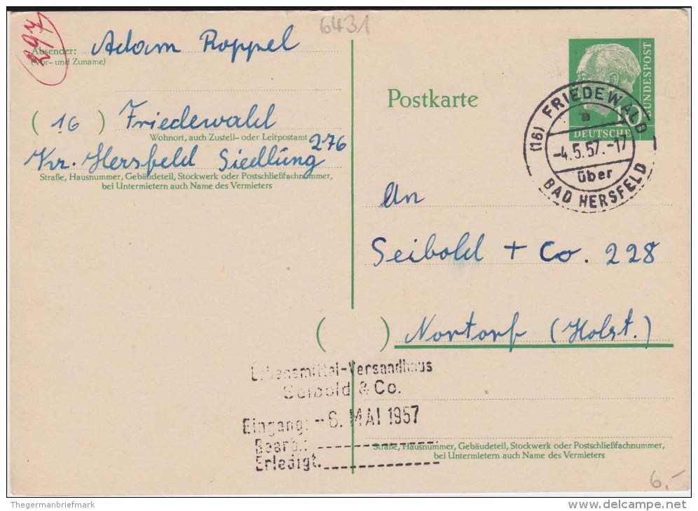 Bund Heuss P 31 PSt I Stempel Friedewald ü Bad Hersfeld 1957 - Postkarten - Gebraucht