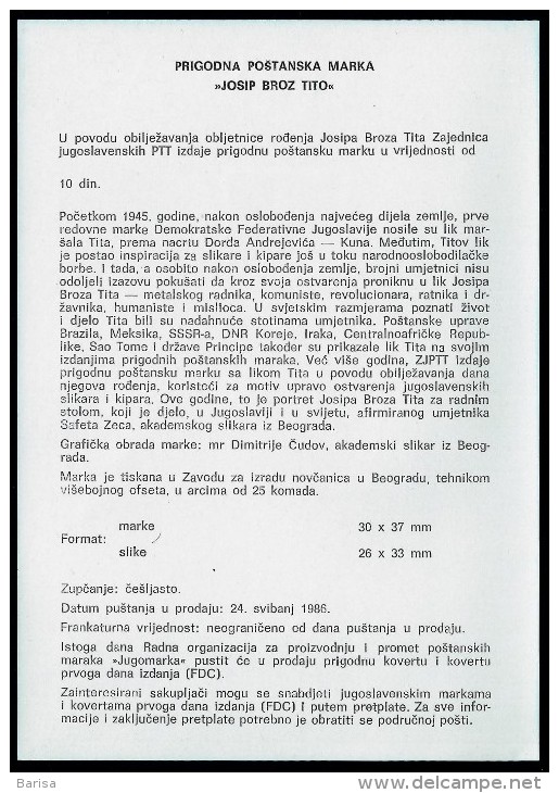 Yugoslavia 1986: 94th Birth Anniversary Of Josip Broz Tito. Official Commemorative Flyer. - Cartas & Documentos