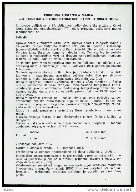 Yugoslavia 1984: 80th Anniv Of Radio-Telegraphic Service In Montenegro. Official Commemorative Flyer. - Covers & Documents