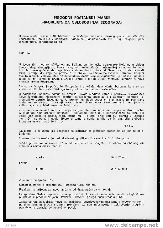 Yugoslavia 1984: 40th Anniv Of Liberation Of Belgrade.  Official Commemorative Flyer. - Covers & Documents