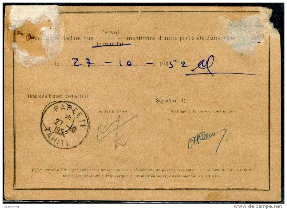 OCÉANIE - N° 193 / AVIS DE LR D'UTUROA LE 24/10/1952, POUR PAPEETE - B & RARE - Storia Postale