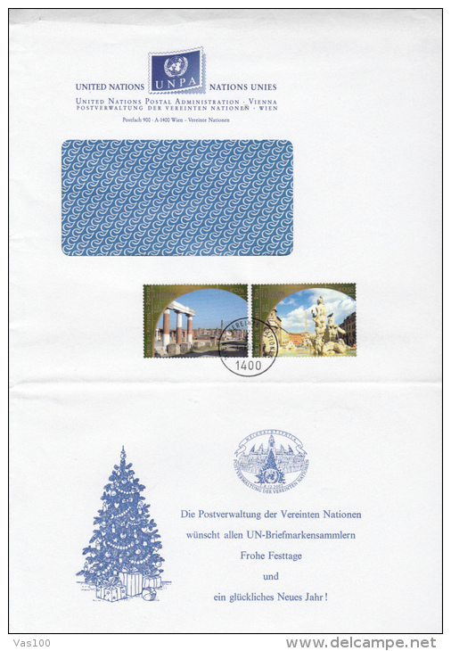 STAMPS ON COVER, NICE FRANKING, POMPEI RUINS, ROME TREVI FOUNTAIN, 2003, UN- VIENNA - Cartas & Documentos