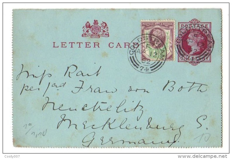 Great Britain 1892 Postal History Rare Postcard Letter Card Mecklenburg Germany D.151 - Non Classés