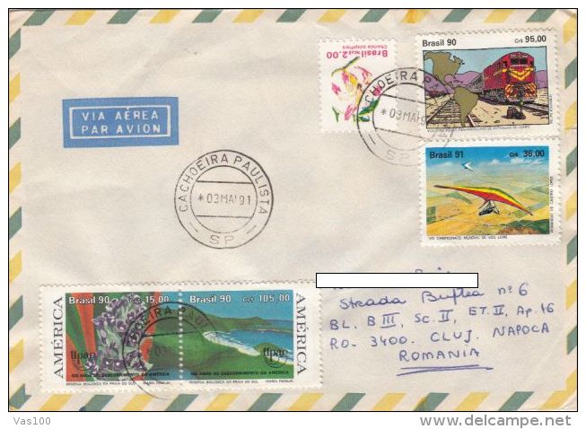 STAMPS ON COVER, NICE FRANKING, FLOWERS, TRAIN, DELTAPLANE, 1991, BRAZIL - Lettres & Documents