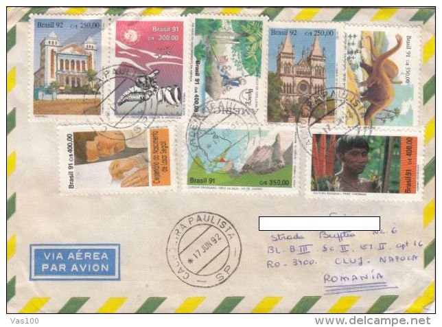 STAMPS ON COVER, NICE FRANKING,DINOOSAURS, CHURCH, YANOMAMI INDIAN, 1992, BRAZIL - Covers & Documents