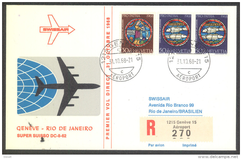 Swissair 1968 Geneve - Rio De Janeiro Registerd First Flight Cover - First Flight Covers