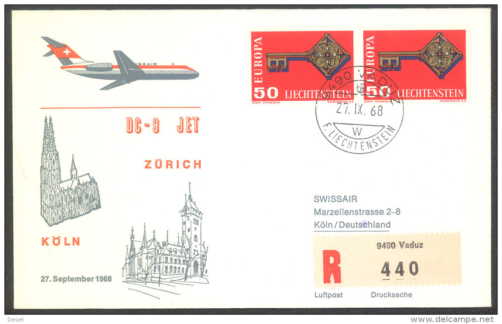 Swissair 1968 Zuerich - Koeln Registerd Vaduz First Flight Cover - Air Post