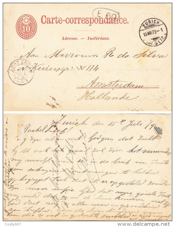 Switzerland 1879 Postal History Rare Old Postcard Postal Stationery ZURICH To AMSTERDAM D.993 - Covers & Documents