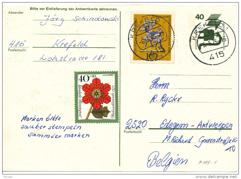 1975 Postkarte P115-F  Met PZ610+824" Van Krefeld 1 Naar Hoboken/Belgie Zie Scan(s) - Postkaarten - Gebruikt