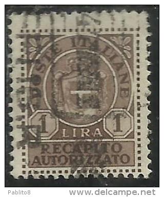 ITALIA REGNO ITALY KINGDOM 1946 LUOGOTENENZA RECAPITO AUTORIZZATO LIRE 1 TIMBRATO USED - Authorized Private Service