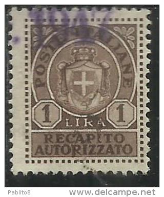 ITALIA REGNO ITALY KINGDOM 1946 LUOGOTENENZA RECAPITO AUTORIZZATO LIRE 1 TIMBRATO USED - Autorisierter Privatdienst