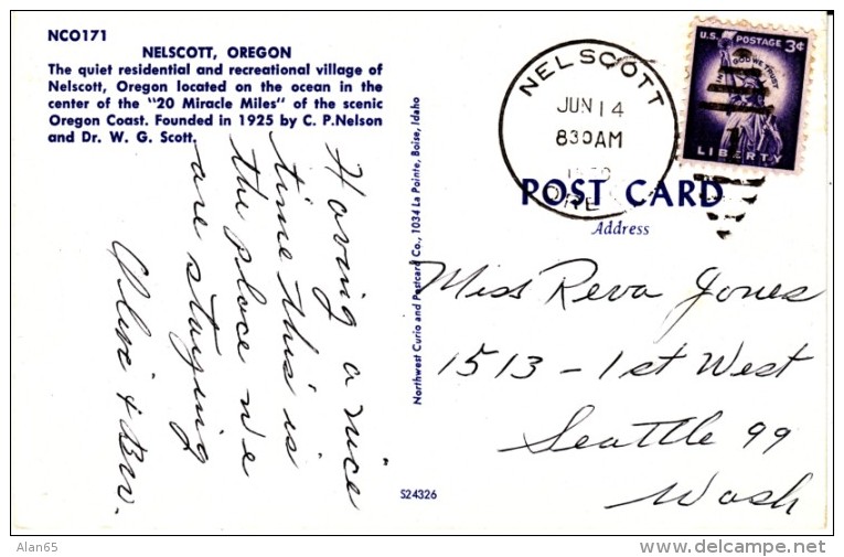 Nelscott Oregon, Street Scene, Auto, Oregon Coast, C1950s Vintage Postcard - Autres & Non Classés