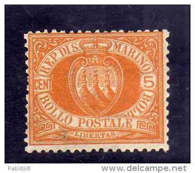 SAN MARINO 1877 - 1890 STEMMA COAT OF ARMS ARMOIRIES CENT. 5  MNH DISCRETA CENTRATURA - Unused Stamps