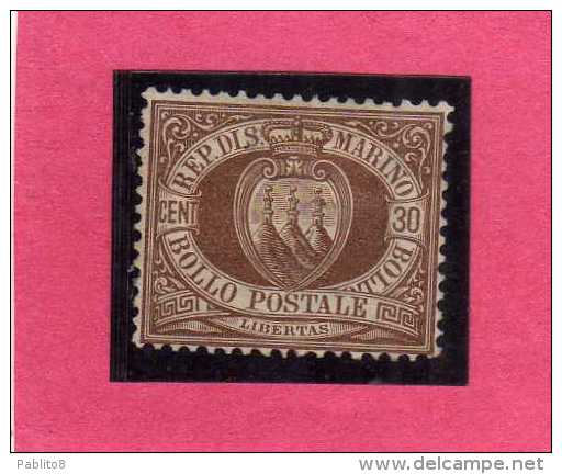 SAN MARINO 1877 - 1890 STEMMA COAT OF ARMS ARMOIRIES CENT.30 MH DISCRETA CENTRATURA SIGNED SIGLATO - Unused Stamps