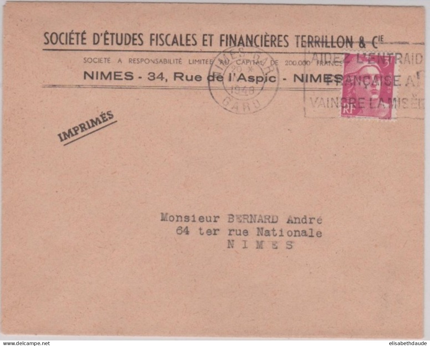 1948 - TARIF IMPRIME ! - GANDON SEUL SUR ENVELOPPE COMMERCIALE De NIMES ( GARD ) - 1945-54 Marianne De Gandon